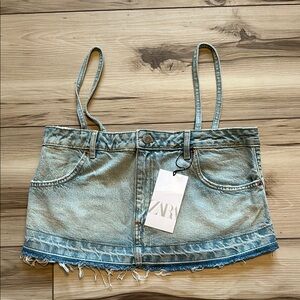 Zara Women’s Blue Denim Crop Top with Frayed Hem